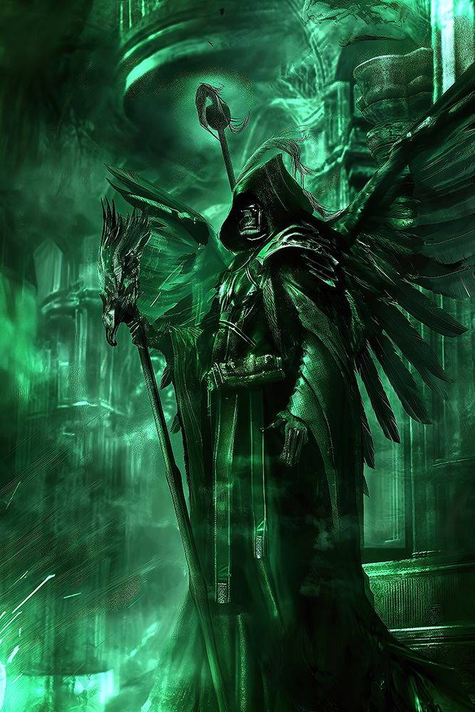 Mystical male figure with wings and staff
